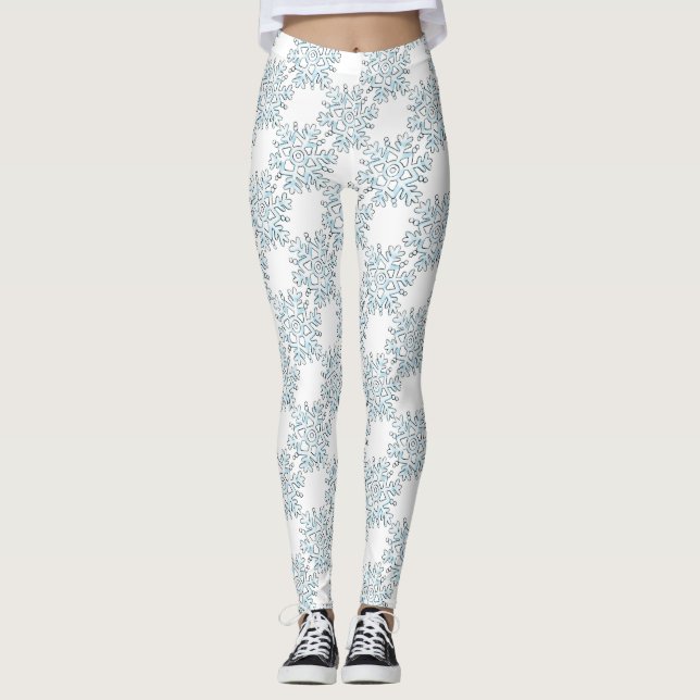 Blue Christmas Snowflakes, Winter Blizzard Pattern Leggings (Front)