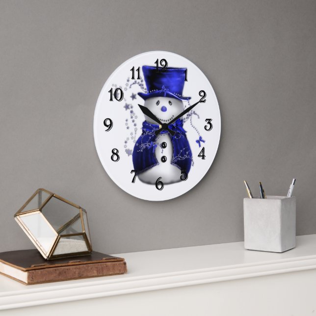 Blue Christmas Snowman Large Clock (Office)