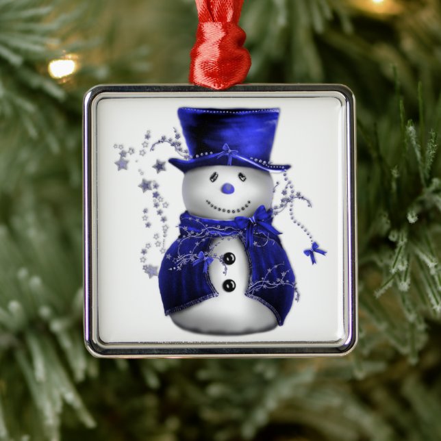 Blue Christmas Snowman Metal Ornament (Tree)