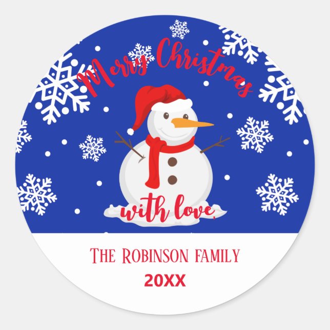 Blue christmas Snowman Snowflakes Classic Round St Classic Round Sticker (Front)