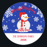 Blue christmas Snowman Snowflakes Classic Round St Sticker<br><div class="desc">Beautiful and Cute Christmas sticker. This sticker is inspired by Xmas eve,  Do you like snowflakes,  snowmen,  and blue colours?  if is so this paper may be for you! Click on personalise to start customising!</div>