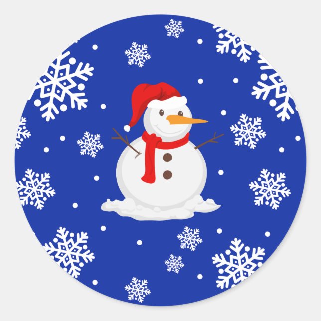 Blue christmas Snowman Snowflakes Classic Round Sticker (Front)
