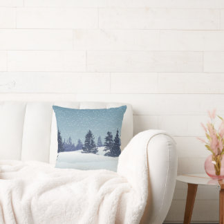 Blue Christmas Snowy Landscape Throw Pillow