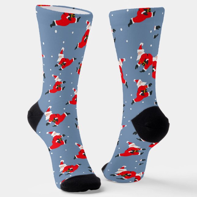 Blue Christmas Socks with Red Dancing Santa’s (Angled)