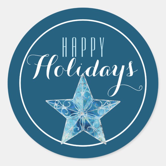Blue Christmas Star Happy Holiday / Blue Classic Round Sticker (Front)