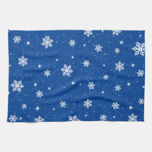 Blue Christmas Stars Snowflakes Pattern Tea Towel