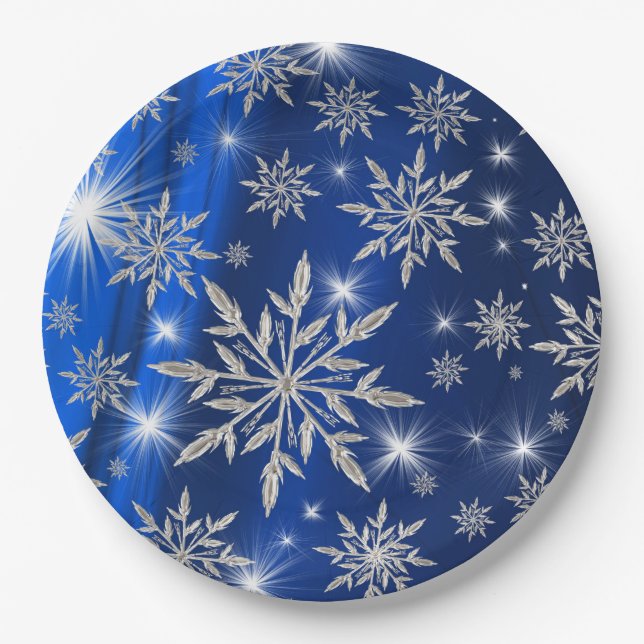 Blue Christmas stars with white ice crystal Paper Plate (Front)