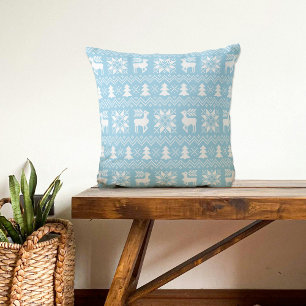 Blue Christmas Sweater Reindeer Poinsettias Design Cushion