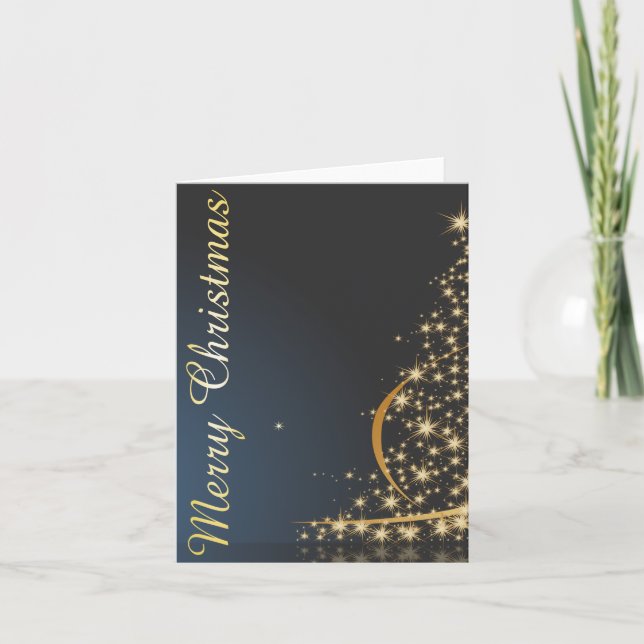 Blue Christmas Theme with golden Christmas Tree Card (Front)
