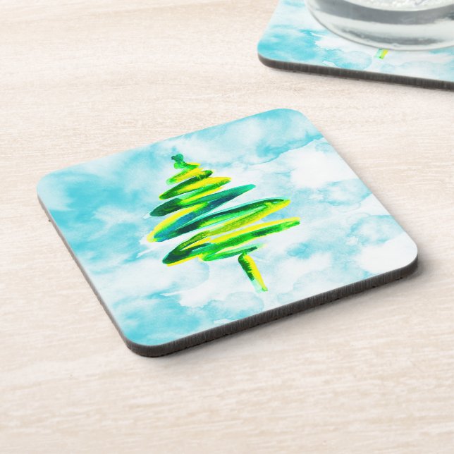 Blue Christmas tree abstract watercolor Beverage Coaster (Left Side)