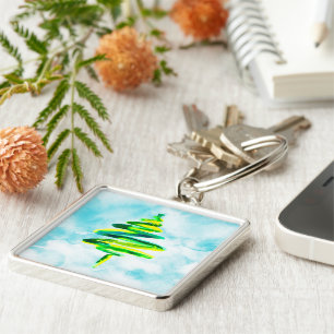 Blue Christmas tree abstract watercolor Keychain