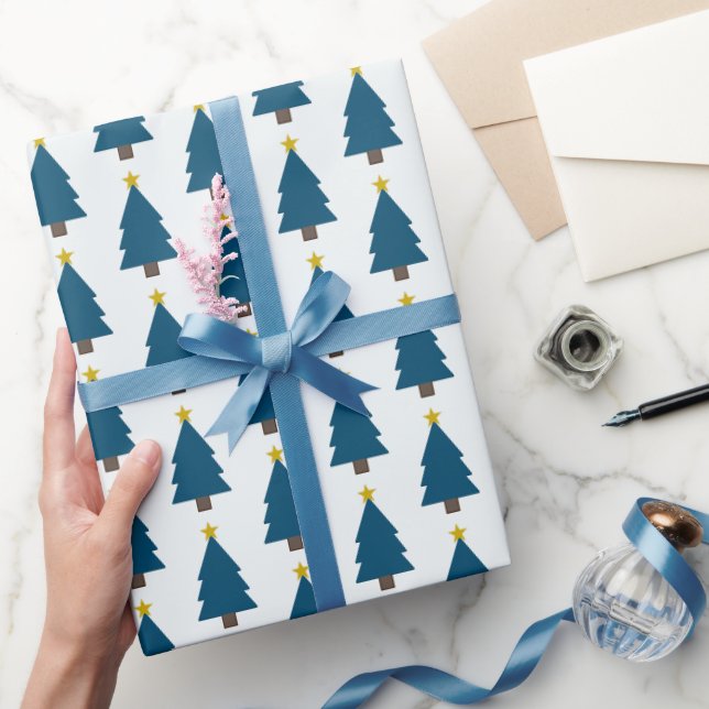 Blue Christmas Tree and Golden Star Wrapping Paper (Gifting)