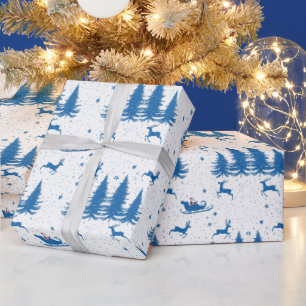 Blue Christmas Tree And Santa Sleigh Wrapping Paper