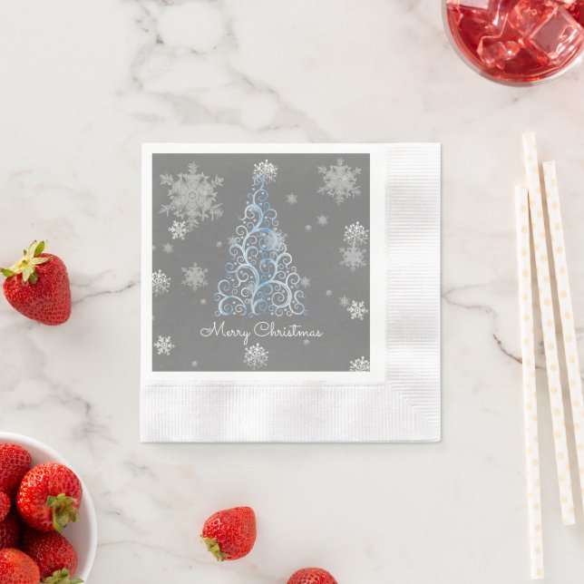 Blue Christmas Tree and Snowflakes Paper Napkin (Insitu)