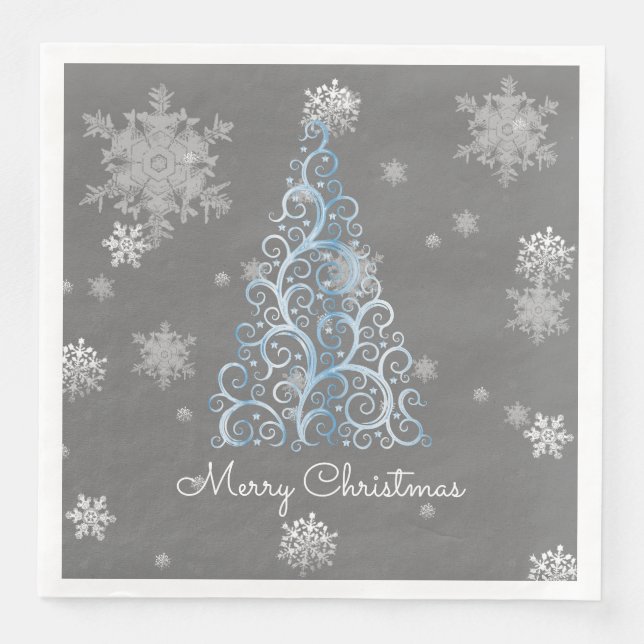 Blue Christmas Tree and Snowflakes Paper Napkin (Front)