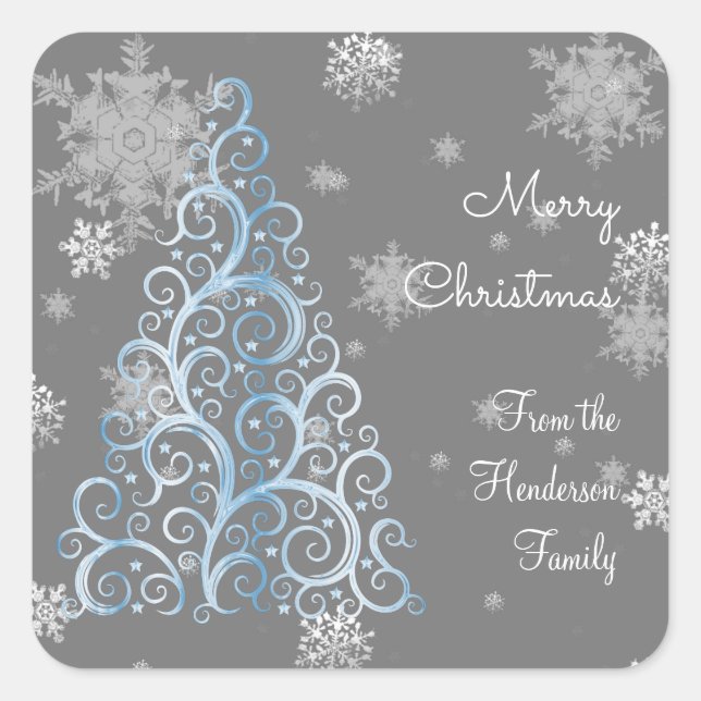 Blue Christmas Tree and Snowflakes Sticker (Front)