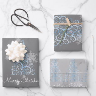 Blue Christmas Tree and Snowflakes Wrapping Paper