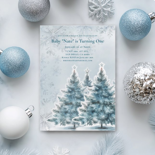 Blue Christmas Tree Baby 1st Birthday Invitation (Creator Uploaded)