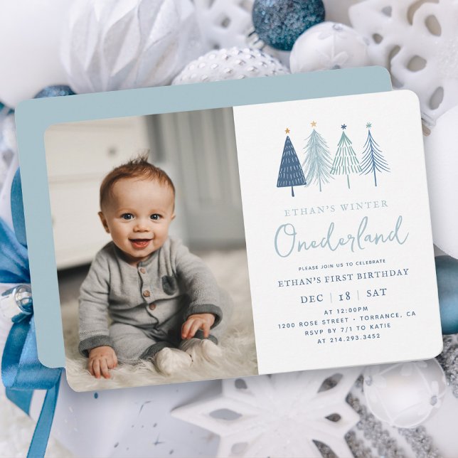Blue Christmas Tree Boy 1st Birthday Photo Invitation (Creator Uploaded)