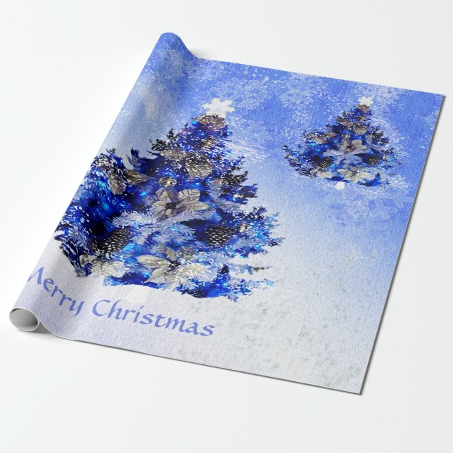 Blue Christmas tree decorated Wrapping Paper (Unrolled)