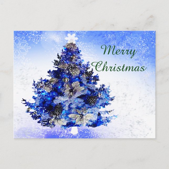 Blue Christmas tree, flower and pines Holiday Postcard (Front)