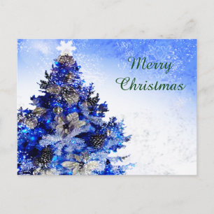 Blue Christmas tree, flower and pines Holiday Postcard