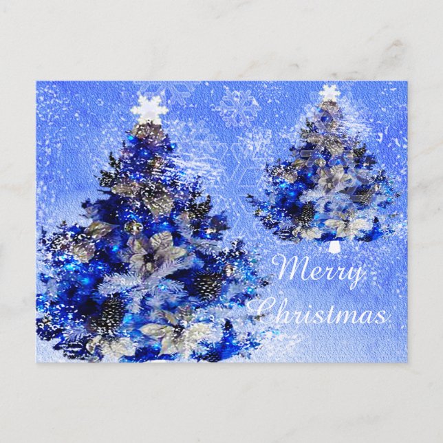 Blue Christmas tree, flower and pines Holiday Postcard (Front)