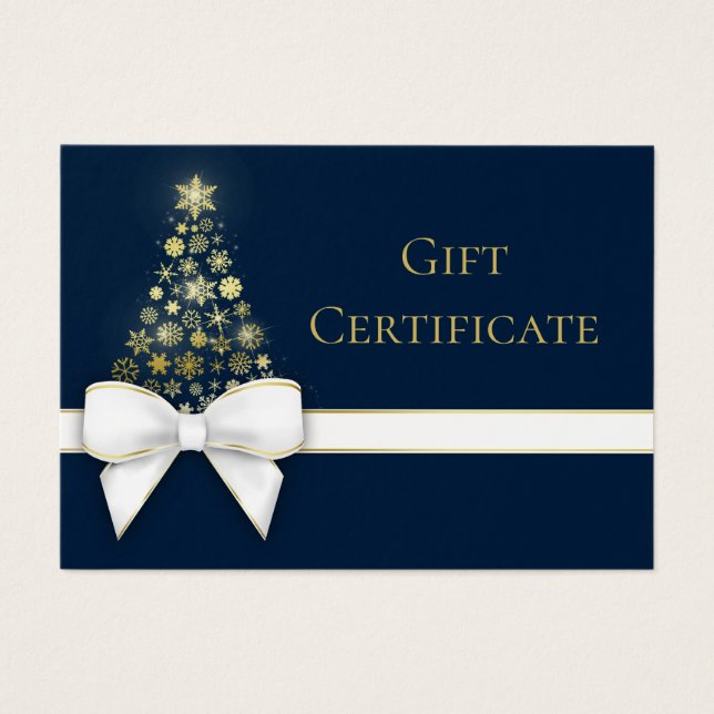 Blue Christmas Tree Gold Snowflakes Bow Gift Card (Front)