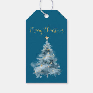Blue Christmas Tree Gold Star Glitter Christmas Gift Tags
