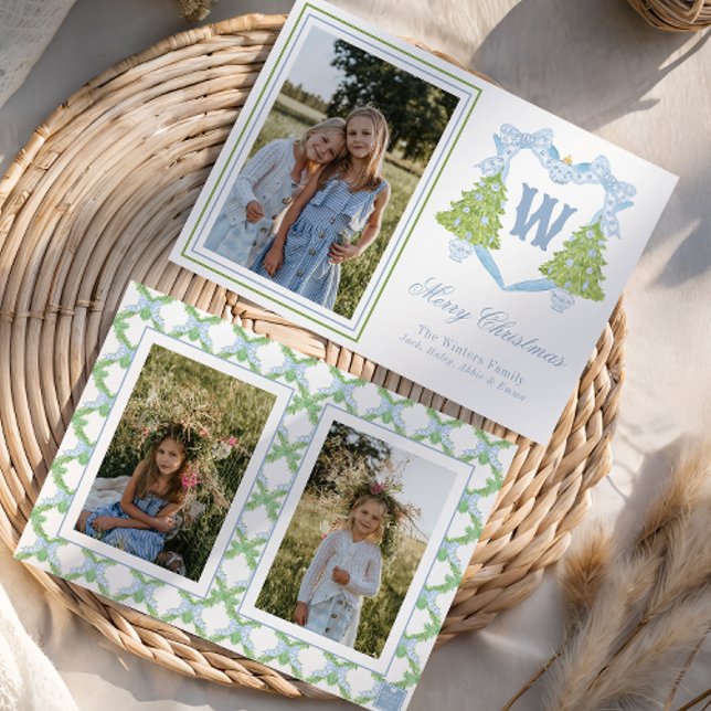 Blue Christmas Tree Monogram Crest Photo Holiday Card (Creator Uploaded)