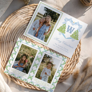 Blue Christmas Tree Monogram Crest Photo Holiday Card