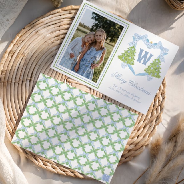 Blue Christmas Tree Monogram Crest Photo Holiday Card (Creator Uploaded)