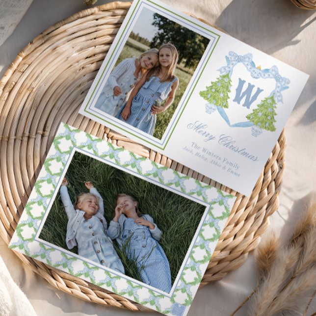 Blue Christmas Tree Monogram Crest Photo Holiday Card (Creator Uploaded)