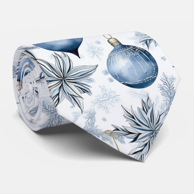 Blue Christmas Tree Ornaments Pattern Tie (Rolled)