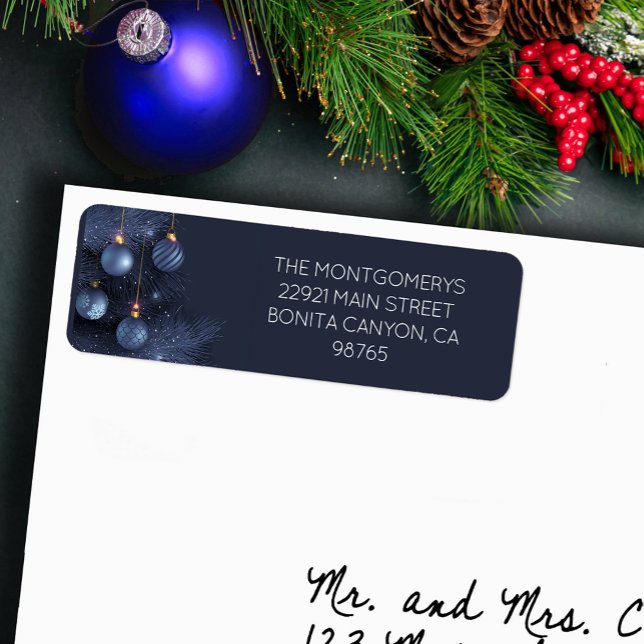 Blue Christmas Tree & Ornaments Return Address Label (Blue Christmas tree and blue ornaments return address labels)