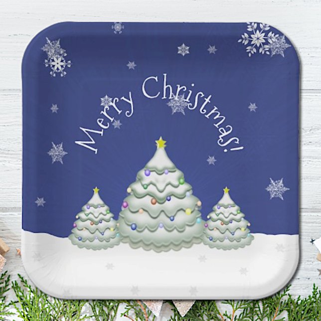 Blue Christmas Tree Paper Plate (Blue Snowy Christmas Tree Paper Plates)