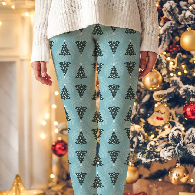 Blue Christmas Tree Pattern Holiday Leggings (Creator Uploaded)