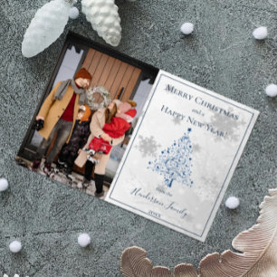 Blue Christmas Tree Photo Flat Holiday Photo Card