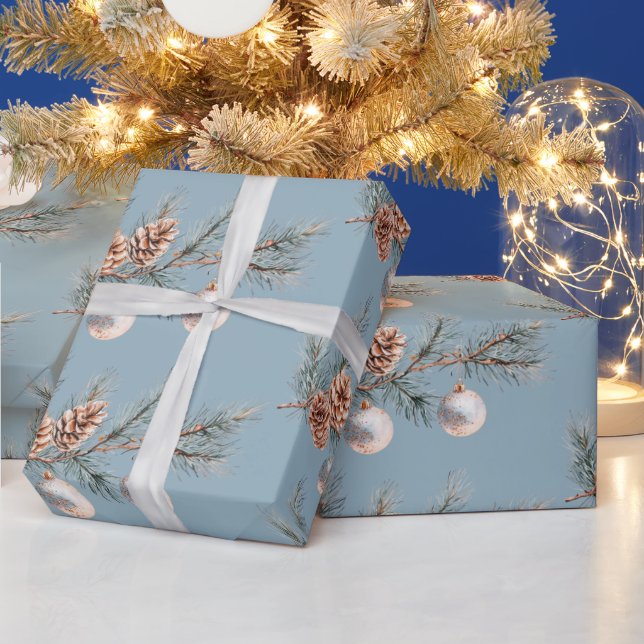 Blue Christmas Tree Pine Cones Ornaments   Wrapping Paper (Holidays)