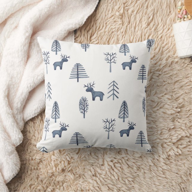 Blue Christmas Tree Reindeer Scandinavian Woodland Cushion (Blanket)