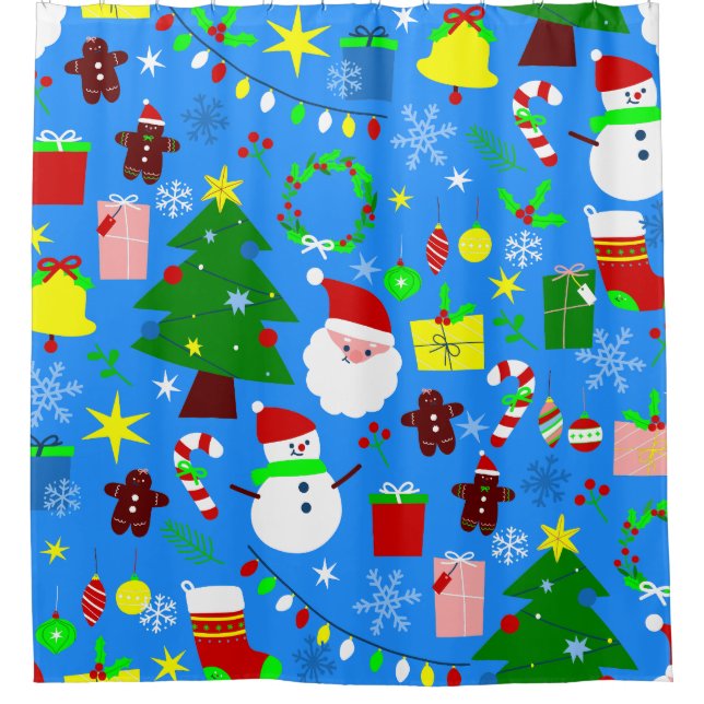 blue christmas tree santa claus shower curtain (Front)