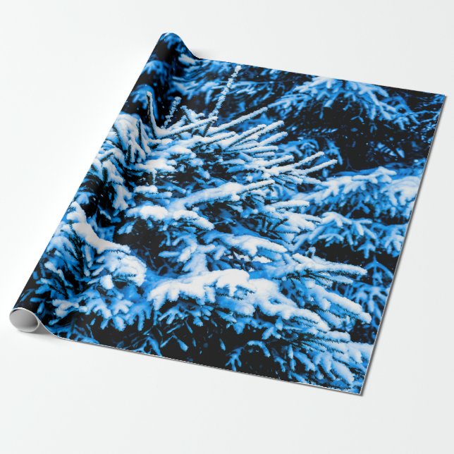 Blue Christmas Tree, Snow Wrapping Paper (Unrolled)