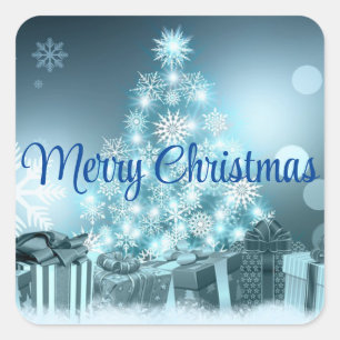 Blue Christmas Tree, Snowflake Square Sticker