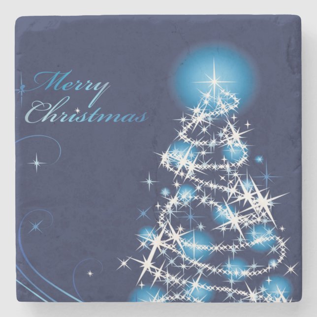 Blue Christmas Tree Stone Coaster (Front)