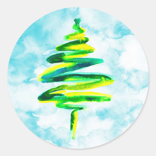 Blue Christmas Tree watercolor Classic Round  Sticker (Front)