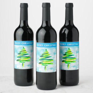 Blue Christmas Tree watercolor Wine Label