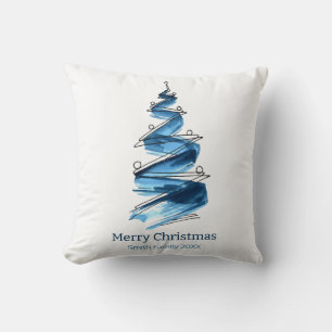 Blue Christmas Tree Watercolour  Cushion