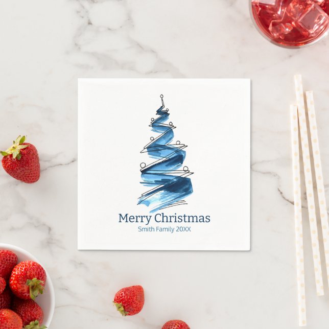 Blue Christmas Tree Watercolour  Napkin (Insitu)