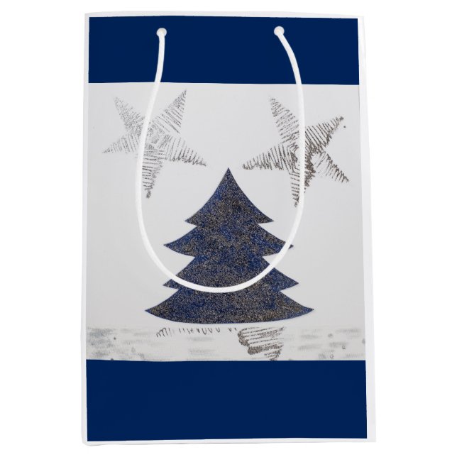 Blue Christmas tree with silver glitter and stars Medium Gift Bag (Front)