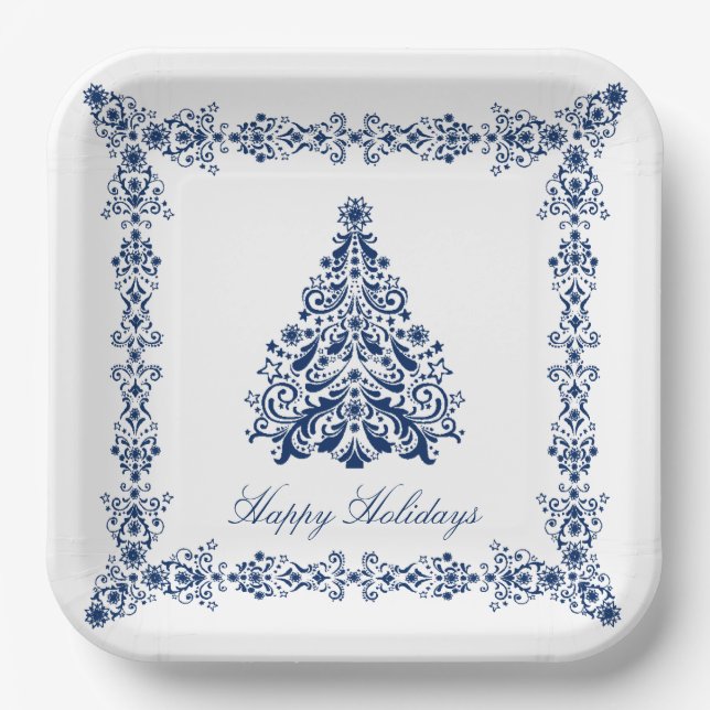 Blue Christmas Tree Your Background and Text  Paper Plate (Front)